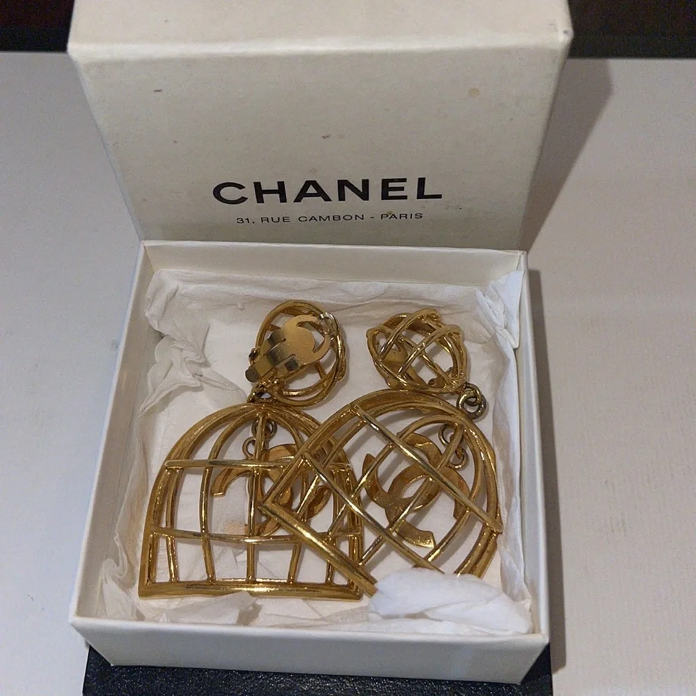 Chanel Large Birdcage 1990’s Gold Earrings with Box CC Vintage Iconic